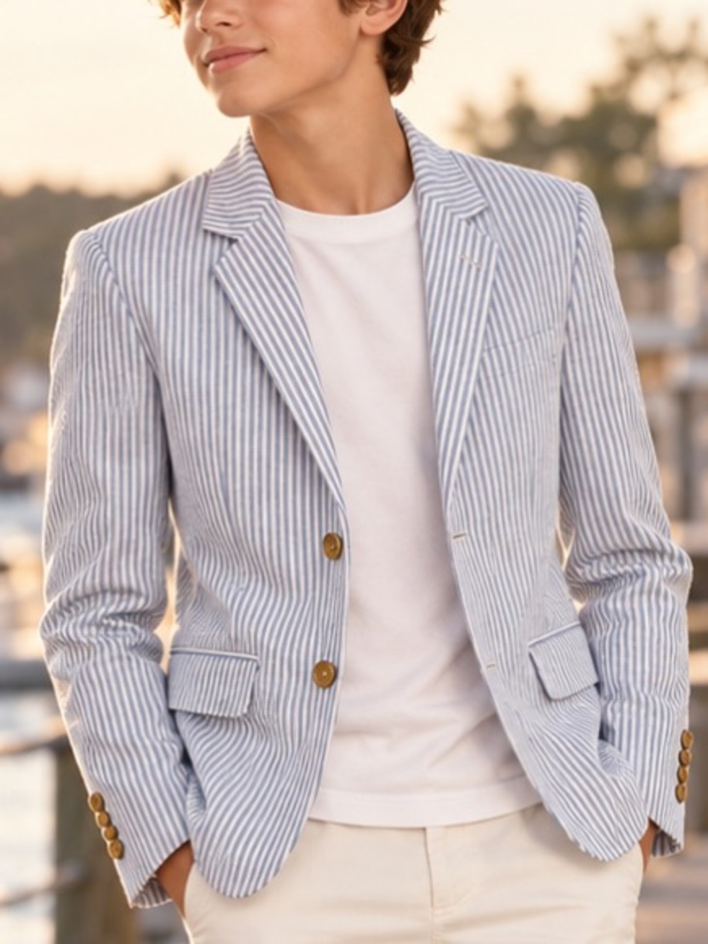 Crewcuts Ludlow Blue and White Seersucker Blazer with Notched Lapels